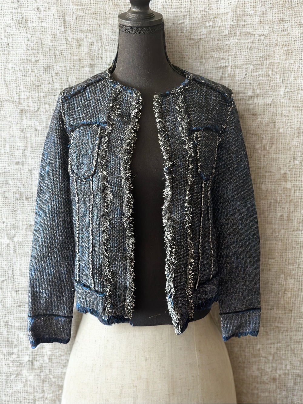 Elie Tahari Wool Blend Navy and Black Tweed Frayed-Trim Jacket